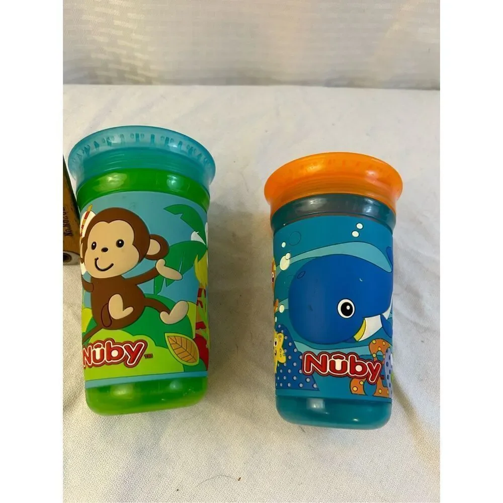 2 Nuby sippy cups Monkey & Sea‎ Creature Blue Orange lot 2016
